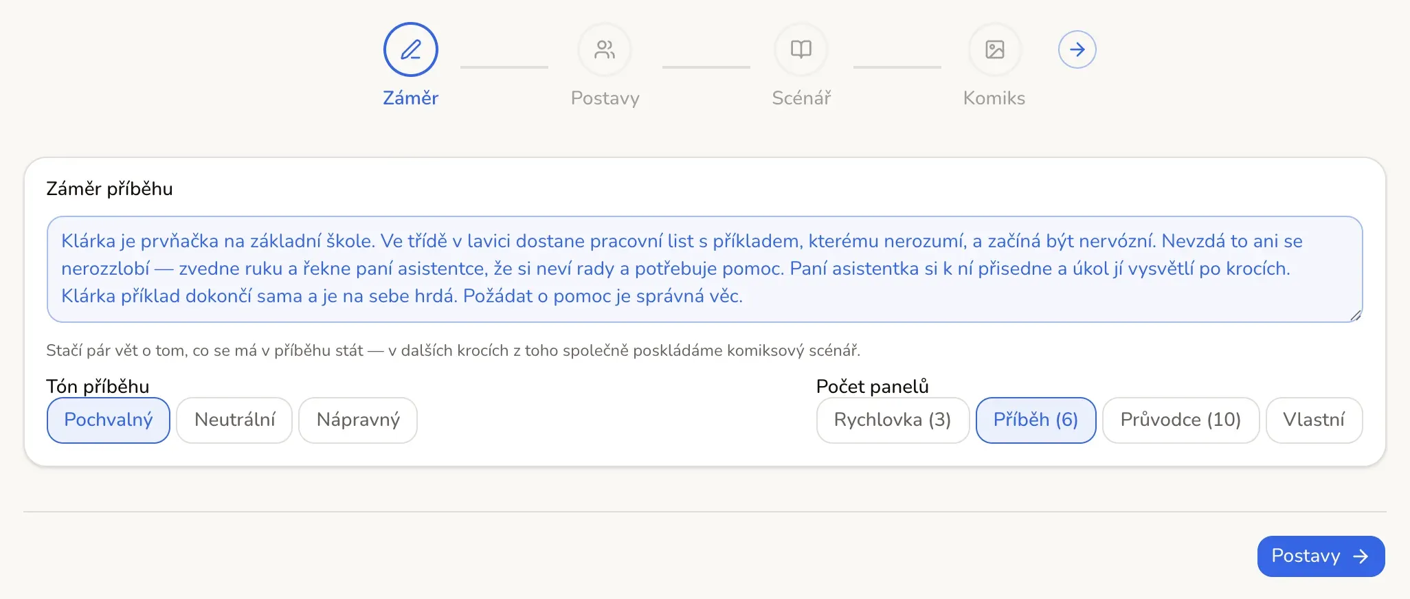 Krok Záměr s vyplněným záměrem příběhu o Klárce, zvýrazněné tlačítko Postavy