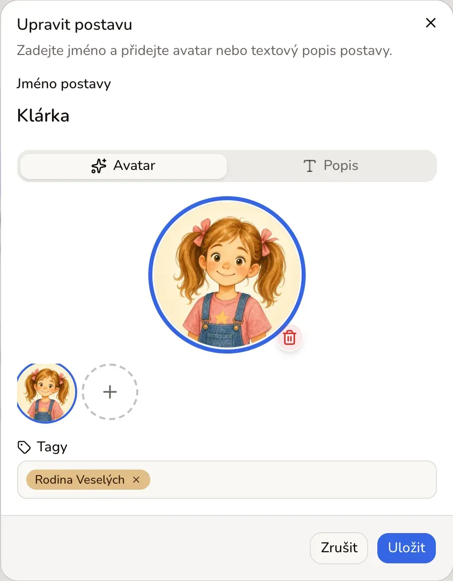 Dialog Upravit postavu: jméno Klárka, záložky Avatar a Popis, galerie avatarů a pole pro tagy