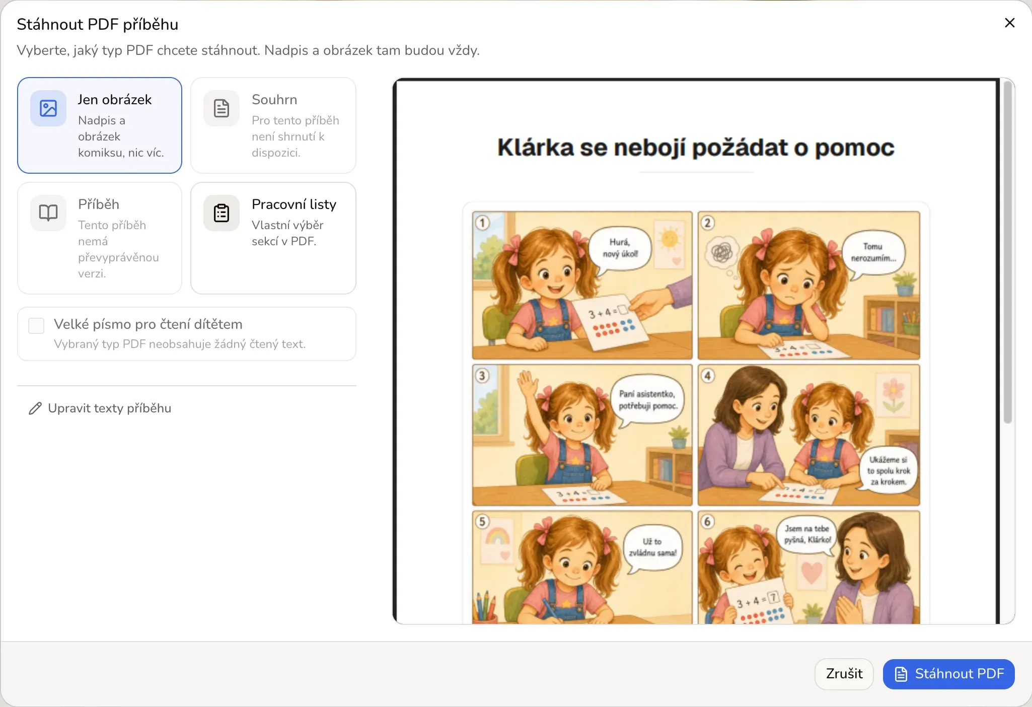 Dialog Stáhnout PDF příběhu: volby Jen obrázek, Souhrn, Příběh a Pracovní listy, zaškrtávátko Velké písmo pro čtení dítětem a náhled PDF